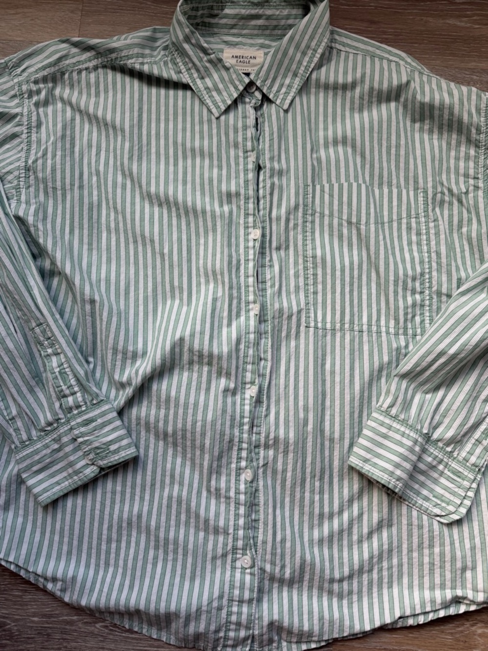American Eagle Outfitters Green and White Striped Button-Down Shirt